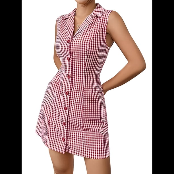 Vestidos Cortos con Botones para Mujer, Sin Mangas, Corte A, con Bolsillo. Cuadrícula Roja S