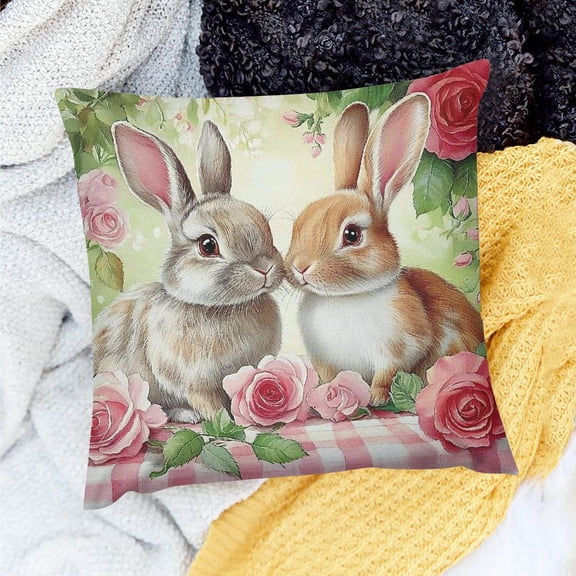 PRATYUS Easter Pillow Covers Buffalo Plaid Bunny Decorative Outdoor Throw Pillow Covers Linen Spring Floral Pillow Cases Cushion Covers for Couch Sofa Bed Home Decor 18x18in