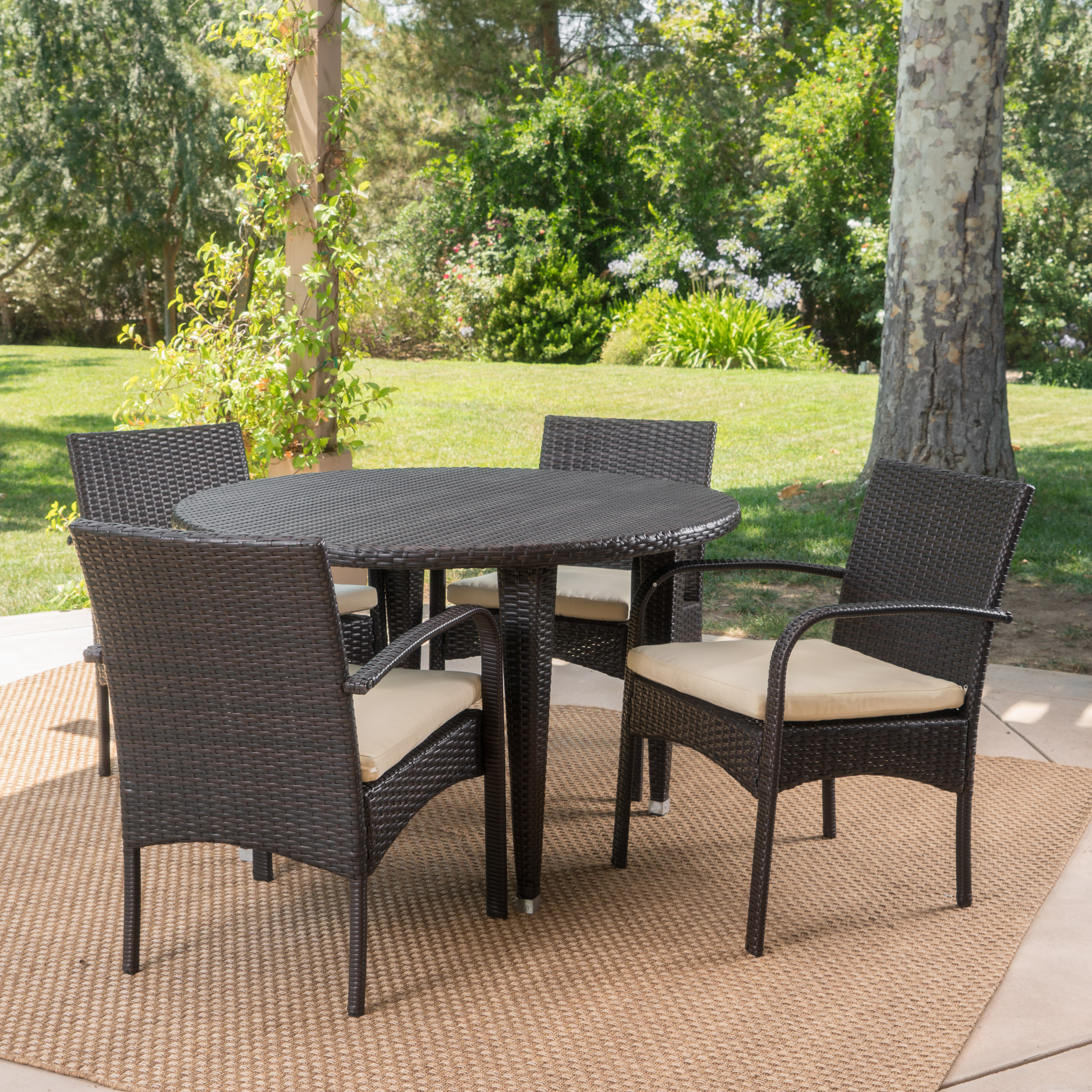 Cole Outdoor 5 Piece Wicker Circular Dining Set with Cushions, Multibrown, Crme - image 9 of 9
