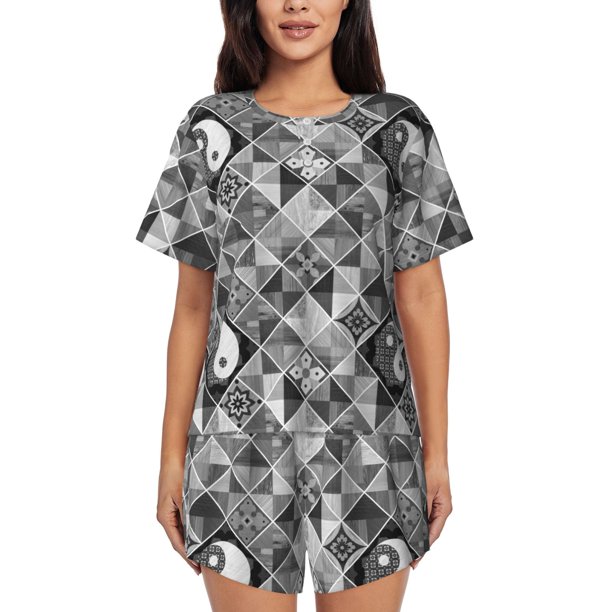 Balery Yin Yang With Black And White Conjunto de Pijama para Mujer con Estampado, Dos Piezas de Manga Corta y Shorts, Ropa de Dormir Suave con Cuello Redondo y Bolsillos-Small