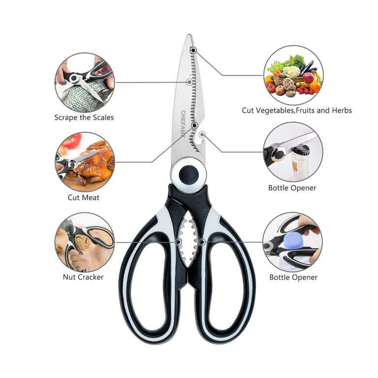 2 Pack Kitchen Scissors, Ultra-Sharp Premium Stainless Steel Heavy Duty  Kitchen Shears and Multi Purpose Poultry Shears for Chicken, Poultry, Fish,  Meat, Vegetables, Herbs, Bottle opener, Nuts Cracker 