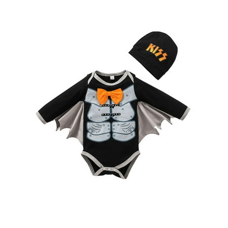 

Infant Baby Boy Halloween Romper Bodysuit Tops with Hat Skeleton Bat Long Sleeve Clothes Set