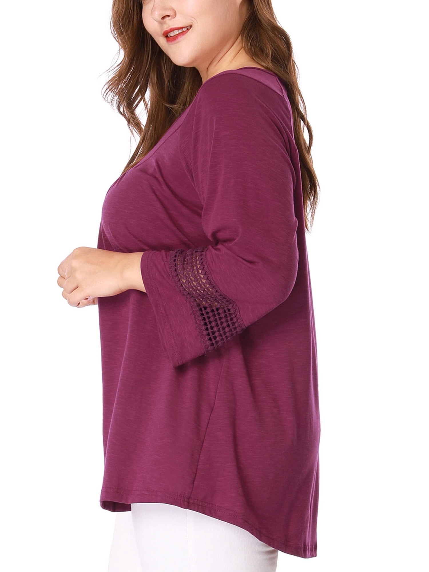 Unique Bargains Juniors' Plus Size Crochet Panel Kimono Raglan Sleeves Ruched Front Top Purple 3X