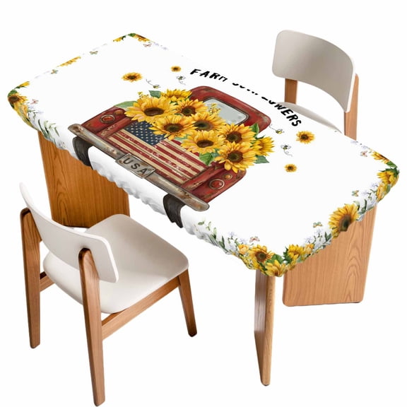 Sunflower Truck Table Cloths for 4 Foot Rectangle Tables, Yellow Flowers Summer Botanical Watercolor Patio Waterproof Elastic Fitted Tablecloths, Washable Rectangular Table Cover for Camping