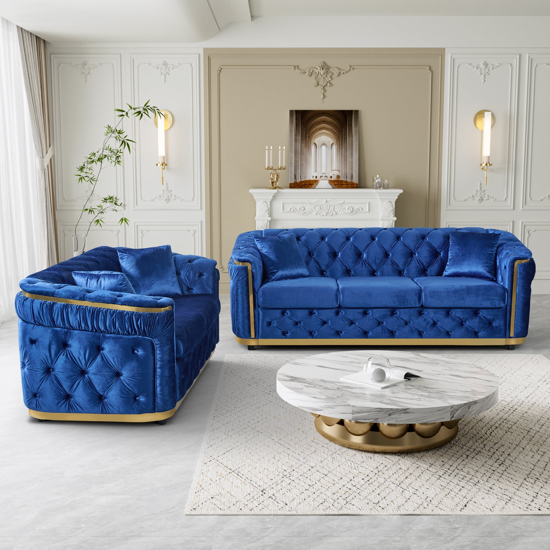 Wiilayok 62.6" Velvet Button Tufted Sofa, Mid-Century Classic Chesterfield Sofa Couch with Thick Backrest,Gold Stainless 2 Love Seat Couches for Living Room,Blue