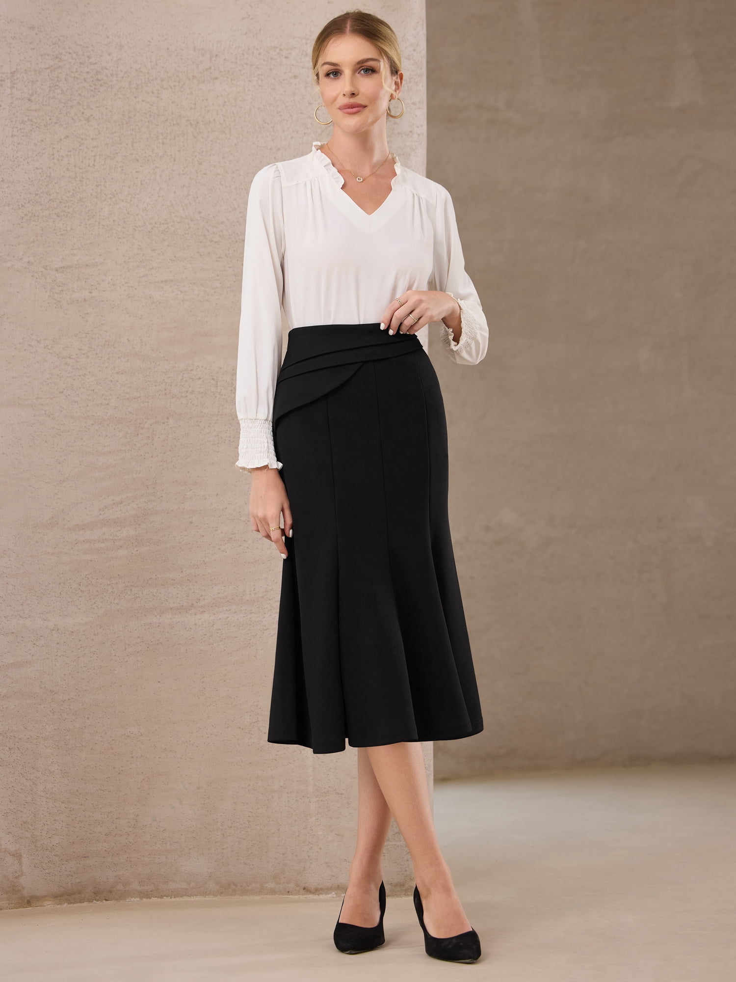 DARING DIVA Women's High Elastic Waist Fishtails Midi Skirts for Work S Black