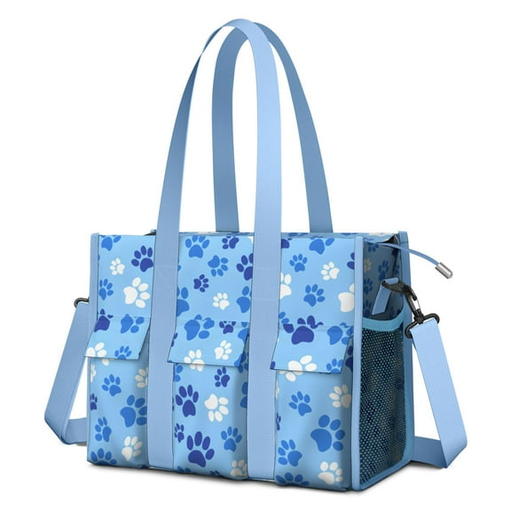 Teacher Tote Bag,Blue Dog Paw Footprint Teacher Utility Tote Bag,Large Work Tote Bags for Women with Multiple Pockets,Top Zipper Closure,13.8x10.6x6.7 Inch