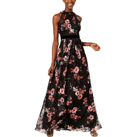 ADRIANNA PAPELL Womens Black Embroidered Velvet Trim Gown Red Multi Floral Print Short Sleeve Halter Maxi Evening Dress Size: 8