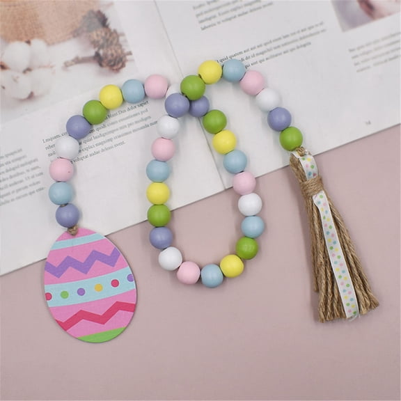 Generic Spring Wood Bead Garland with Tassels and Bunny Tag Easter Wood Bead Garland Wooden Beaded Boho Decor Farmhouse Rustic Hanging Decorations