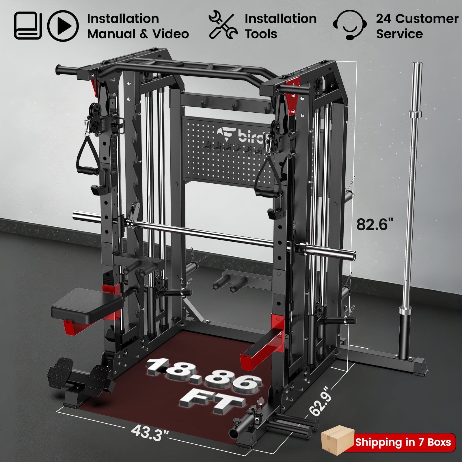 Multi-Function 2900LB All-In-One Smith Machine Power Cage Home Gym Squat Rack Total Body Strength Training Cage Featuring LAT Pulldown, Dual Pulley Cable Crossover With Strength Training Attachments,