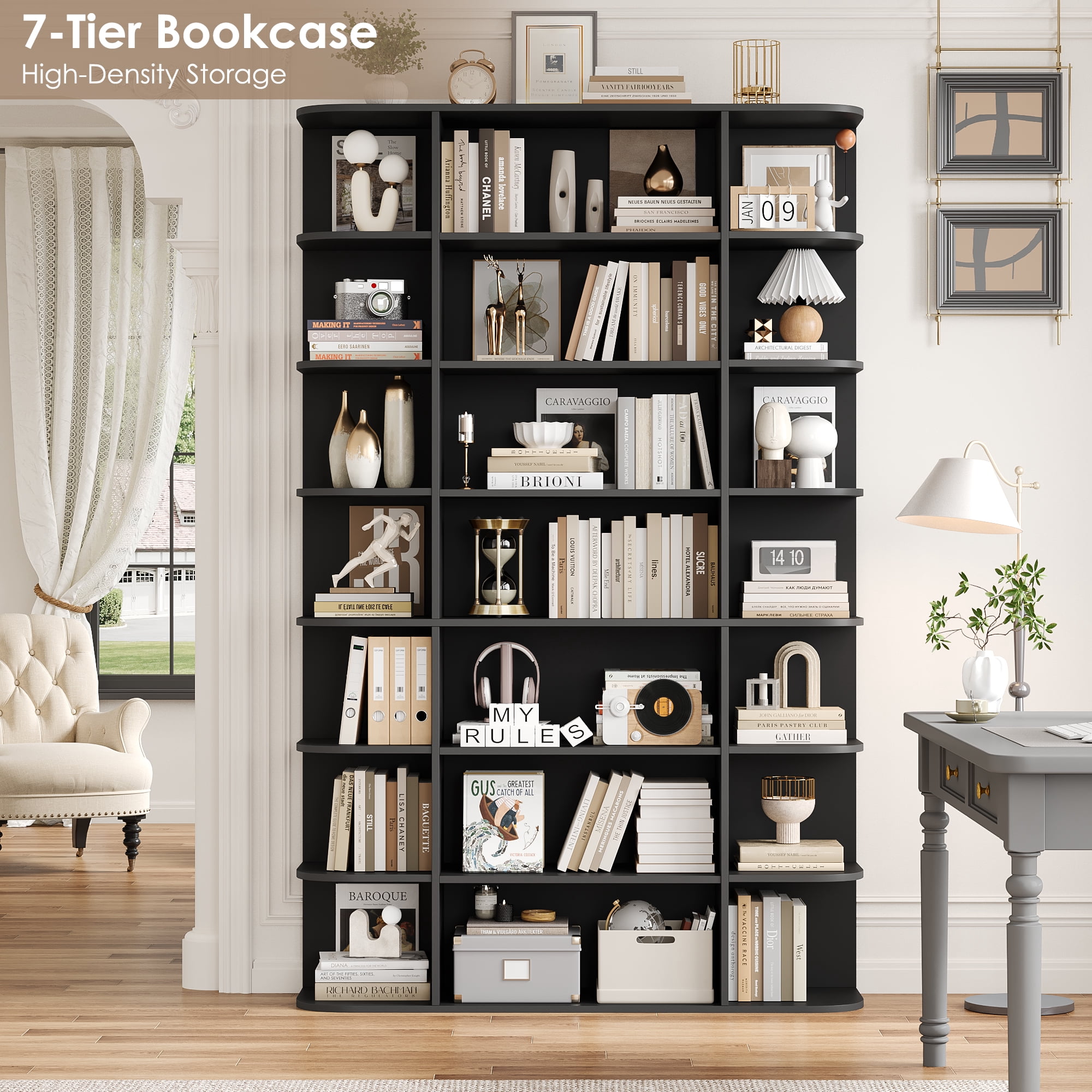 Homfa 7-Tier Triple Wide Bookcase, 84.6" Tall Bookshelf with Curved Display Shelves for Living Room Home Office Study, Black