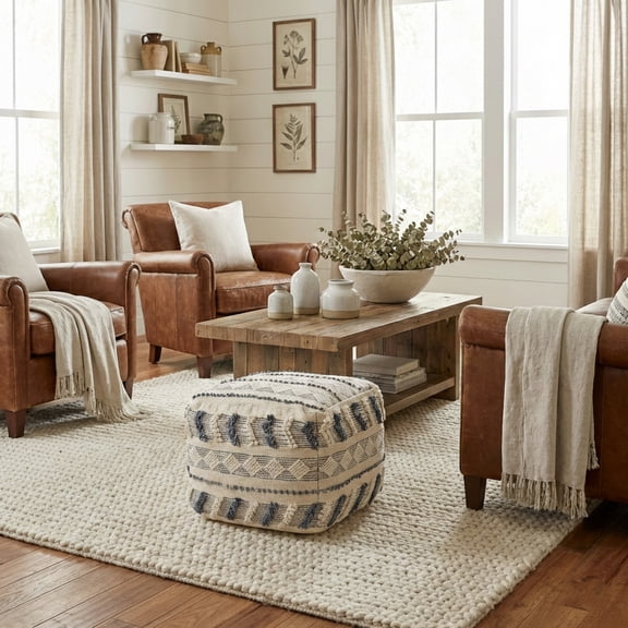 LR Home Small Over-tufted Striped Indoor Square Pouf, Navy/Ivory, 18" x 18" x 14"