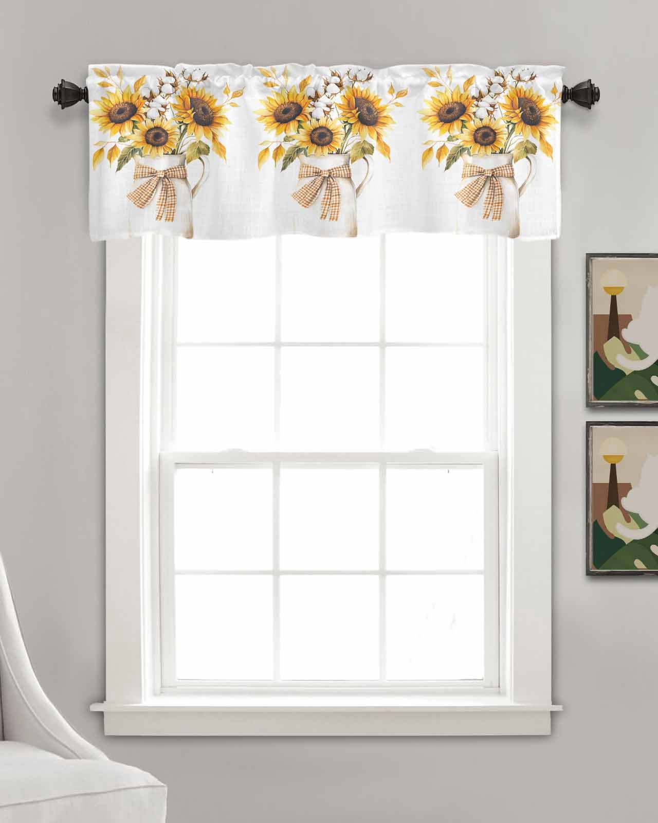 Sunflower Kitchen Valances for Windows Farmhouse Linen Window Valance Curtain for Living Room Window Treatment Farm Country Floral Botanical Plaid Bow Valance Rod Pocket Topper Drape, 60 x 18 Inch