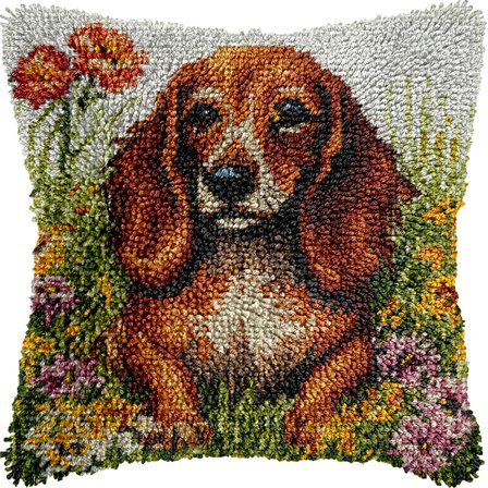 DIY Latch Hook Kits Pillowcase Cute Dachshund on Flowers Grass Crochet Yarn Pre-Printed Cushion Needlework Pillow Hook and Latch Kit Cushion Home Sofa Decoration 43x43cm(2)