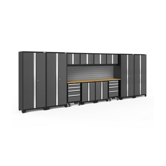 NewAge Products Bold Series Gray 14 Piece Cabinet Set, Heavy Duty 24-Gauge Steel Garage Storage System, Slatwall Included