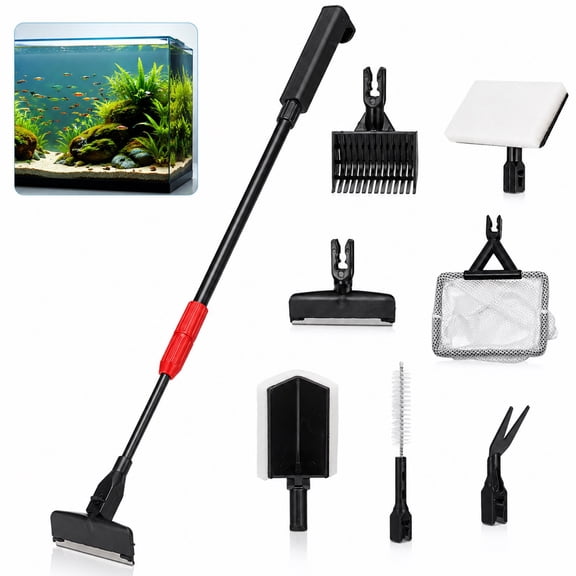 7 in 1 Aquarium Cleaning Tool Kit, Fish Tank Cleaning Set with 20.9-30.7 in Extendable Handle, Algae Scraper, Gravel Rake, Cleaning Sponges, Fish Net, Skewer, Aquarium Maintenance Tools