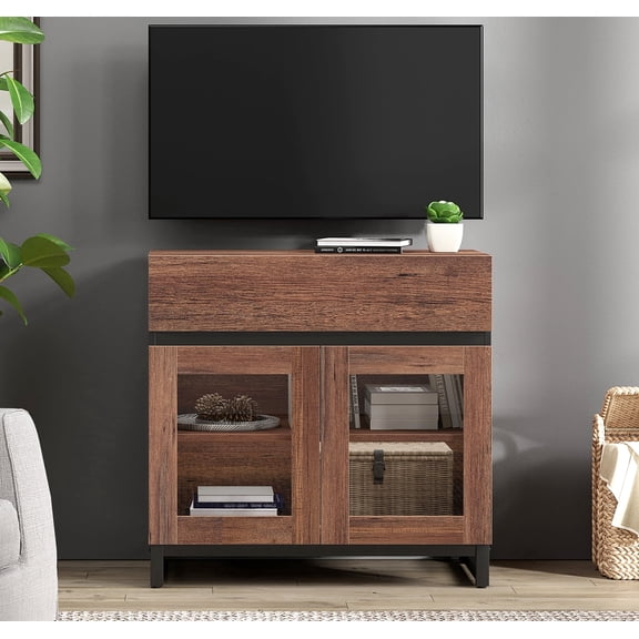 WAMPAT Modern TV Stand with Glass Doors for 32-40 inch TVs, Entertainment Center Console with Drawer and Metal Base for Living Room, Bedroom, Brown