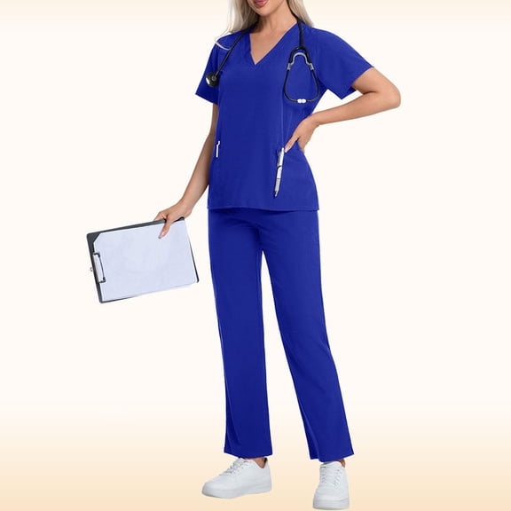 Uniformes Medicos,Scrubs for Women Set, Stretchy V-Neck Top & Jogger Pants with Multi-Pocket Yoga Waistband - Blue - S
