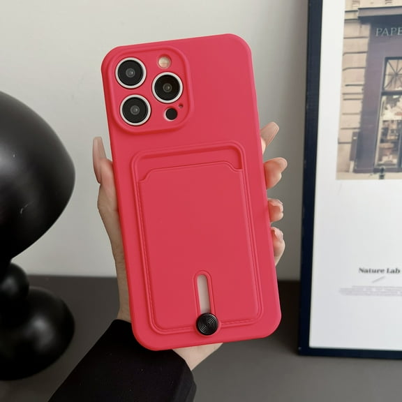 Card Holder Case Compatible with Apple iPhone 16 Pro Max, [Full Camera Lens Protection] Thin & Light Fashion Solid Color Soft TPU Shockproof & Anti-Scratch Case for Women Men, Rose