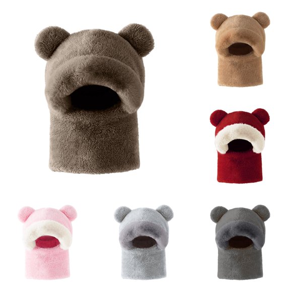 HNMKIU Winter Cartoon Bear Ear Thickened Pullover Hat With Scarf For Adults Windproof Outdoor Activities Cold Weather Headwear Set Brown - One Size
