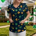 thumbnail image 4 of felwors St. Patrick's Day Scrub Tops Women Cute V Neck Short Sleeve Green Shamrocks Printed Nurse Holiday Working Uniforms (Black, S), 4 of 6