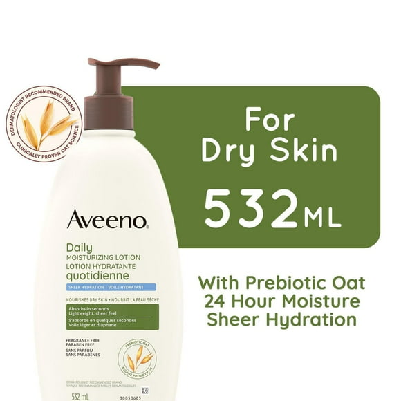 Lotion hydratante quotidienne Aveeno Voile hydratant, pour la peau sèche, crème émolliente, avec avoine, sans parfum 532 ml