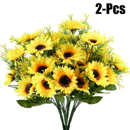 Outgeek Artificial Sunflower Bouquet Artificial Plants Fake Flowers Home Decorations, 7 Flowers Per Bunch, 2 Bunches Per