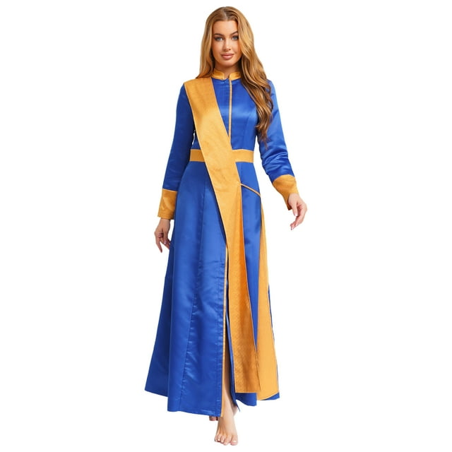 TSSOE Robe de Prêtre d'Halloween pour Femmes Robe Cosplay à Manches Longues avec Étole Tenues de Pasteur Bleu Royal P
