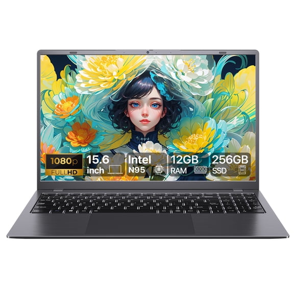 RNRUO 15.6" Laptop Computer, 12GB DDR5 256G SSD, Intel N95 4 Core up to 3.6GHz, Office 2024 Fingerprint Backlit KB WiFi 6 BT5.3, 1080 FHD Display for Student, Business, Home Office