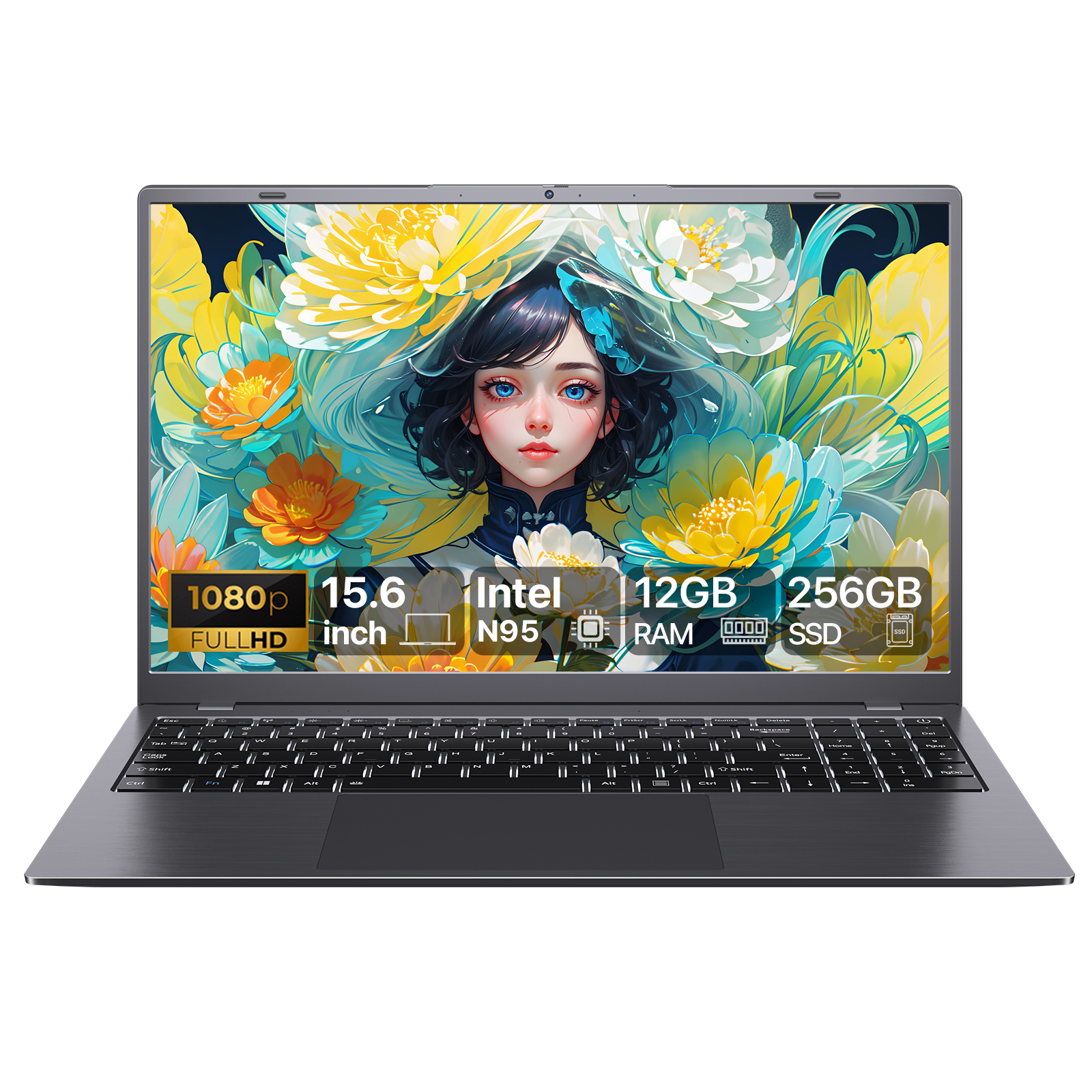 RNRUO 15.6" Laptop Computer, 12GB DDR5 256G SSD, Intel N95 4 Core up to 3.6GHz, Office 2024 Fingerprint Backlit KB WiFi 6 BT5.3, 1080 FHD Display for Student, Business, Home Office