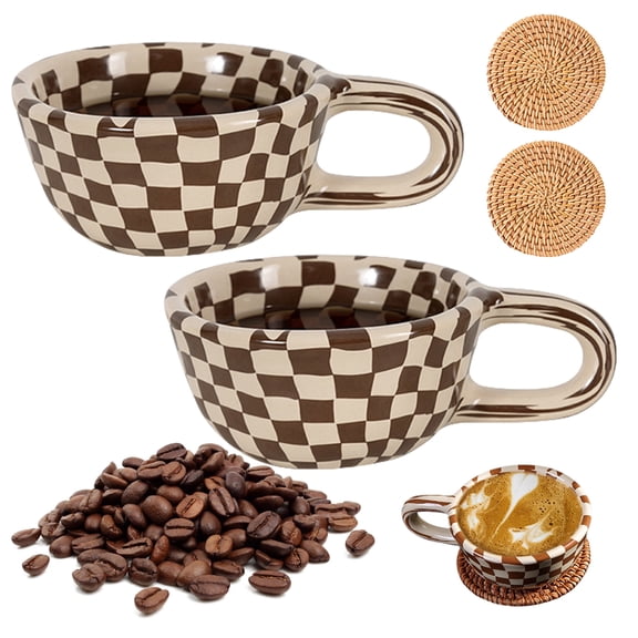 2Pcs Brown Checkered Coffee Mug with Saucer, Checkerboard Tea Cup for Office & Home, Novelty Coffee Cup for Housewarming Gift