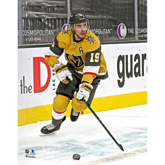 Reilly Smith Vegas Golden Knights Unsigned Gold Alternate Jersey Skating with Puck vs. Anaheim Ducks Photograph
