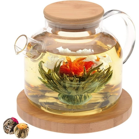 

Stovetop Safe Glass Teapot with Bamboo Lid (40oz/1200ml) + Loose Leaf Tea Filter Spout + 2 Blooming Teas + Large Bamboo Trivet - Natural Flowering Tea Gift Set