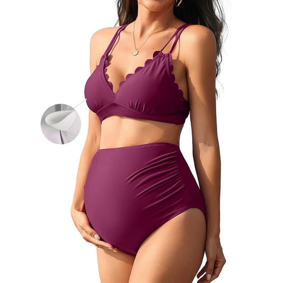 Attraco Maternity Swimsuit Women Two Piece High Waist Bikini Scallop Trim Bathing Suit Pregnancy Swimwear Spaghetti Strap Swimwears