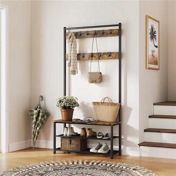 Yaheetech 73" H Industrial Style Hall Tree with 2 Shoe Storage Shelves, Rustic Brown