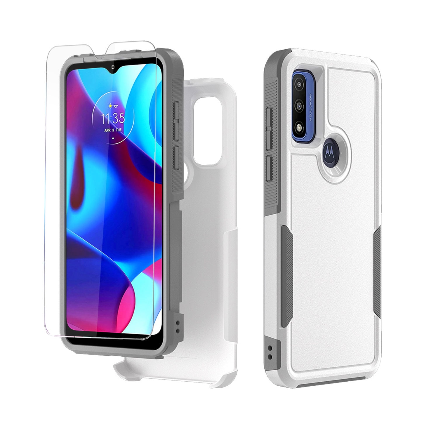 Xhy Moto G Pure Case With Screen Protector Military Grade Full Body Double Layer Protection Shock and Drop Resistant TPU Durable Removable for Motorola Moto G Pure Phone Case -White Grey