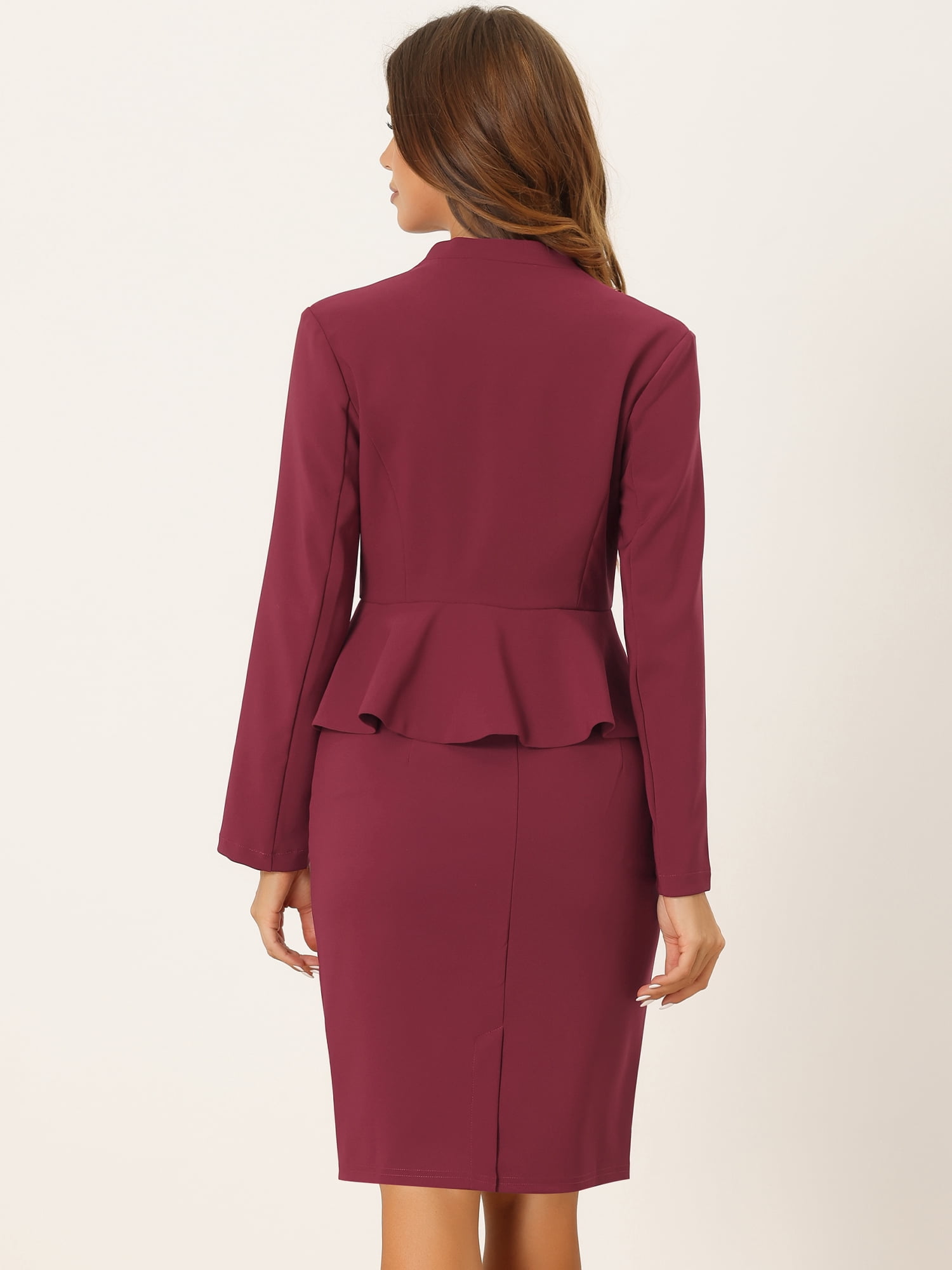 DARING DIVA Women's Collarless Peplum Blazer Sheath Skirts 2 Pcs Suit Set XL Dark Red