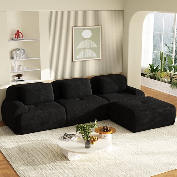 118"Modern L-Shape Modular Sectional Sofa with Chaise, Boneless Cloud Couch for Living Room, Chenille Fabric 3 Oversized Seats black