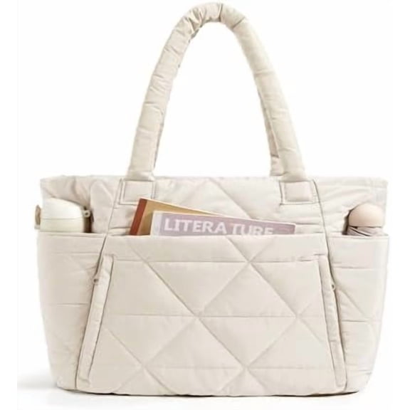 Tote Bag for Women, Puffy Tote Bag with Zipper, Large Quilted Shoulder Bag with Compartments for Travel, Work, Gym