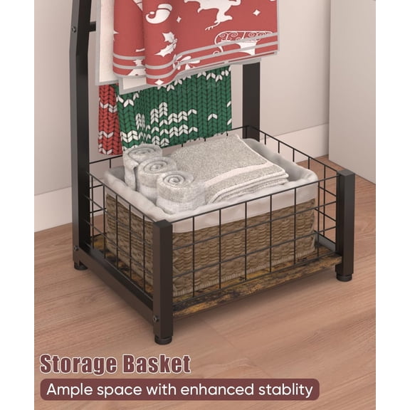 6.3ft Blanket Ladder with Storage Basket, 5 Tier Decorative Ladder Shelf Stand for Living Room & Bedroom, Wall-Leaning Blanket Holder Quilt Rack for Home Décor, Rustic Brown & Black