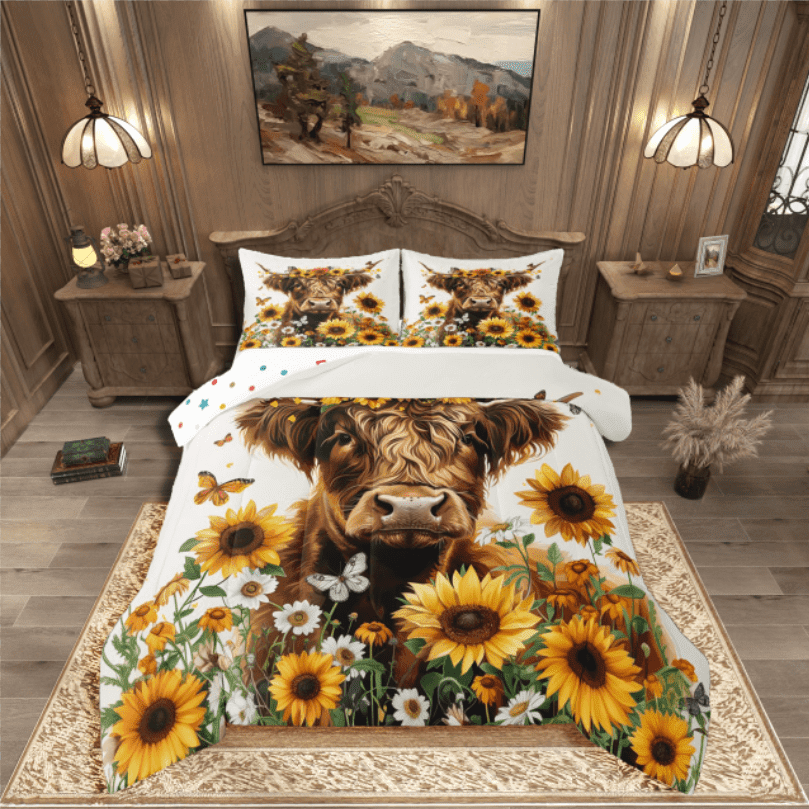 Castle Fairy Highland Cow 3 Pieces Queen Comforter Set Floral Sunflower Ultra Soft Bedding Sets Flying Butterfly Bedding Comforter Set Microfiber Teenager Bedroom Decor Reversible