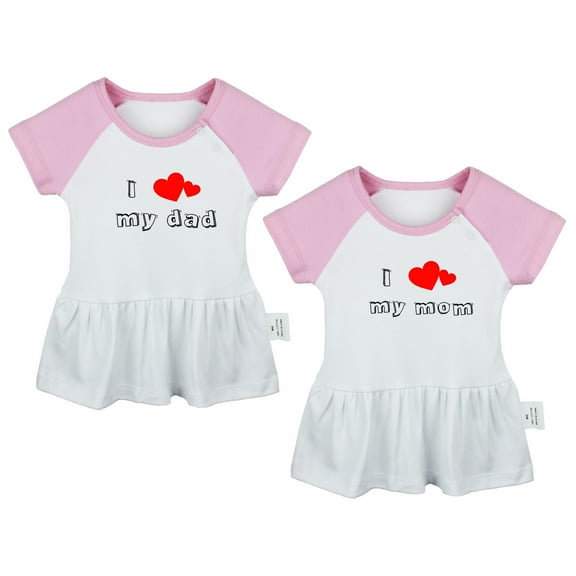 Pack of 2, I Love My Dad & I Love My Mom Funny Dresses For Baby, Newborn Babies Skirts, Infant Princess Dress, Toddler Frocks (Pink Raglan Dresses, 6-12 Months)