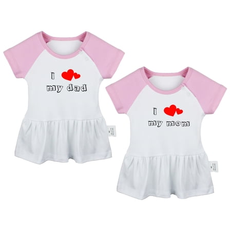 Pack of 2, I Love My Dad & I Love My Mom Funny Dresses For Baby, Newborn Babies Skirts, Infant Princess Dress, Toddler Frocks (Pink Raglan Dresses, 0-6 Months)