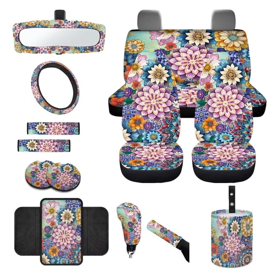 LedBack Car Seat Cover Sets Full Set Cloth Boho Mandala Flower Print Car Front Rear Seat Covers with Steering Wheel Cover Center Console Pad Safety Belt Pads Garbage Bag Cup Cushions