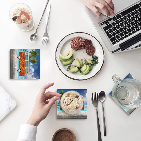 ZHANZZK Summer Tour Bus on Sandbeach with Palm Trees Set of 6 Coaster for Drinks, Absorbent Ceramic Stone Coasters Cup Mat with Cork Base for Home Kitchen Room Coffee Table Bar Decor