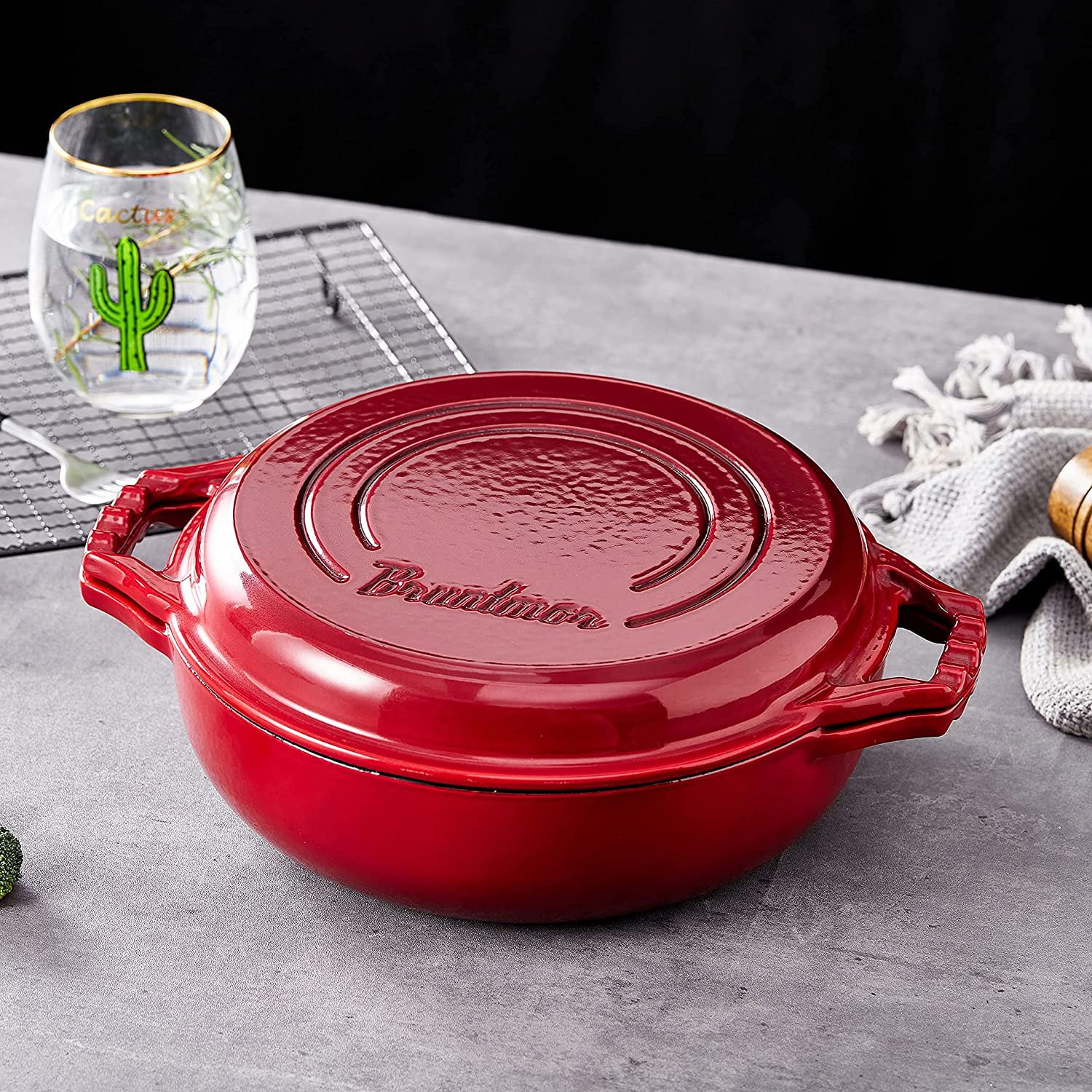 Bruntmor | 2-In-1 Enameled Cast Iron Cocotte Double Braiser Pan With Grill Lid - 2