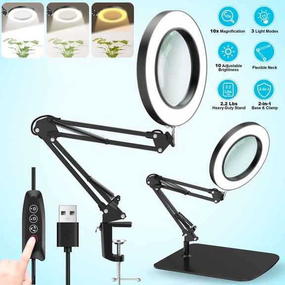 BEBANG 10X Magnifying Glass with Light and Stand, 4.2″ Real Glass, 2 in 1  Hands Free Magnifying Lamp, Dimmable 3 Color Modes, Lighted Magnifier for Sewing Crafts Close Work