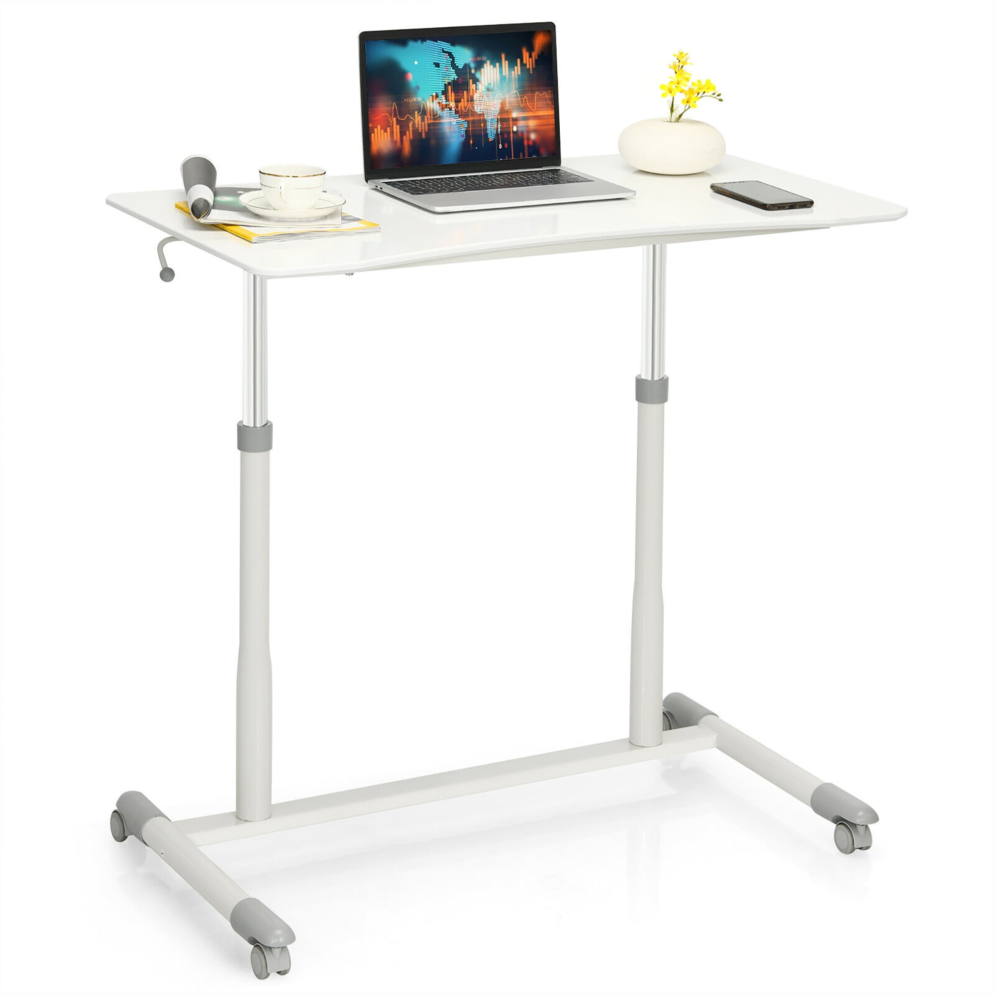 28 Inch Height Adjustable Laptop Sit Stand Desk with Wheels White Adjustable Rolling Standing Laptop Mobile Desk Cart Coffee Table