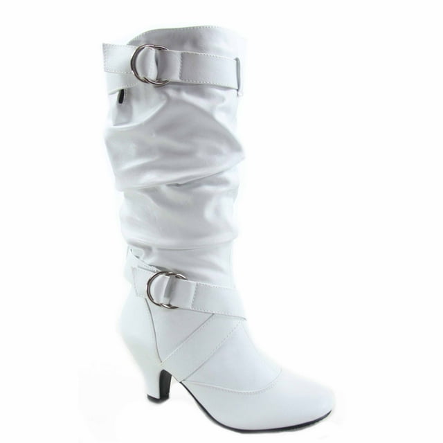 Maggie-39 Bottes Décontractées Mi-Mollet à Bout Rond à Talons Hauts à Fermeture Éclair pour Femmes