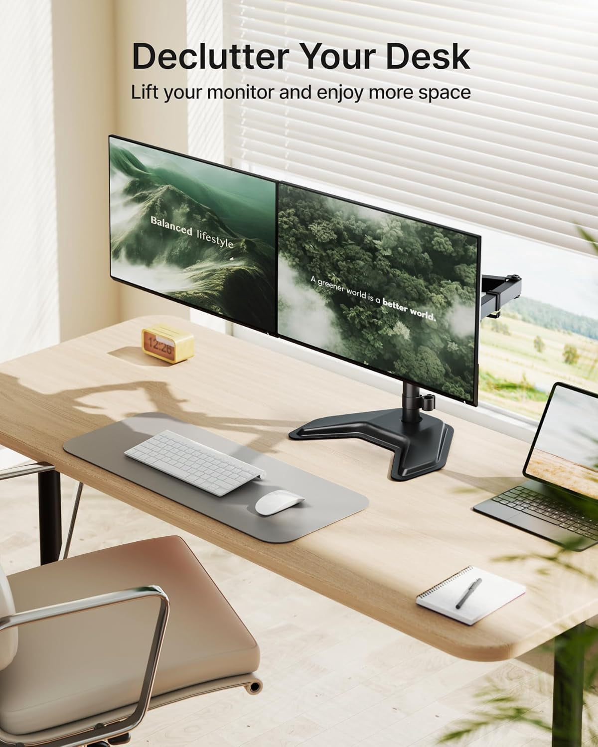 monTEK Freestanding Dual Monitor Stand for 17"–32" Screens, Heavy Duty Monitor Mount with Solid V-Shaped Base, Holds up to 22 lb per Arm, Fully Adjustable VESA 75/100mm Desk Stand, Matte Black